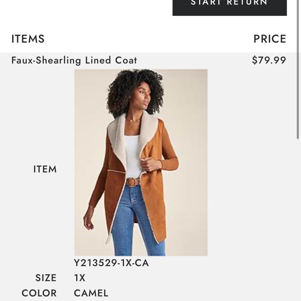 Venus faux shearling lined coat in size 1x